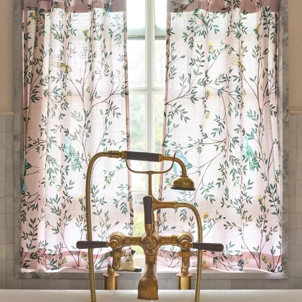Anthropologie Priyanka Pink Cotton Printed Bird Cafe Café Curtains, Set of 2